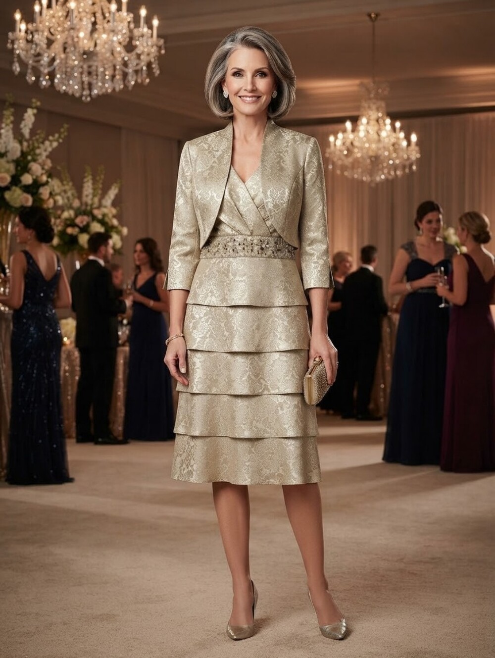 R&M Richards Champagne Gold Metallic Tiered Jacket Dress Set Sz 18